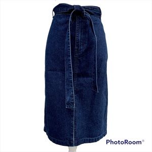 J. Crew Tie Waist Front Slit Denim Midi Dark Wash Jean Skirt Size 31